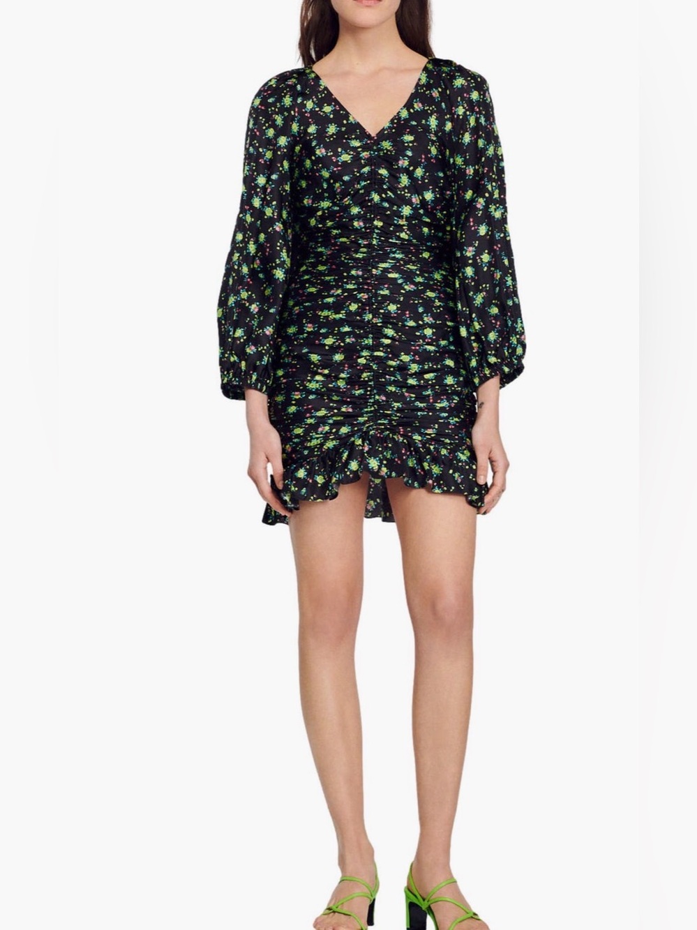 Sandro Novalee Floral Ruched Mini Dress Noir Black V-Neck Ruffle NWT US 4 $415 - Picture 1 of 12